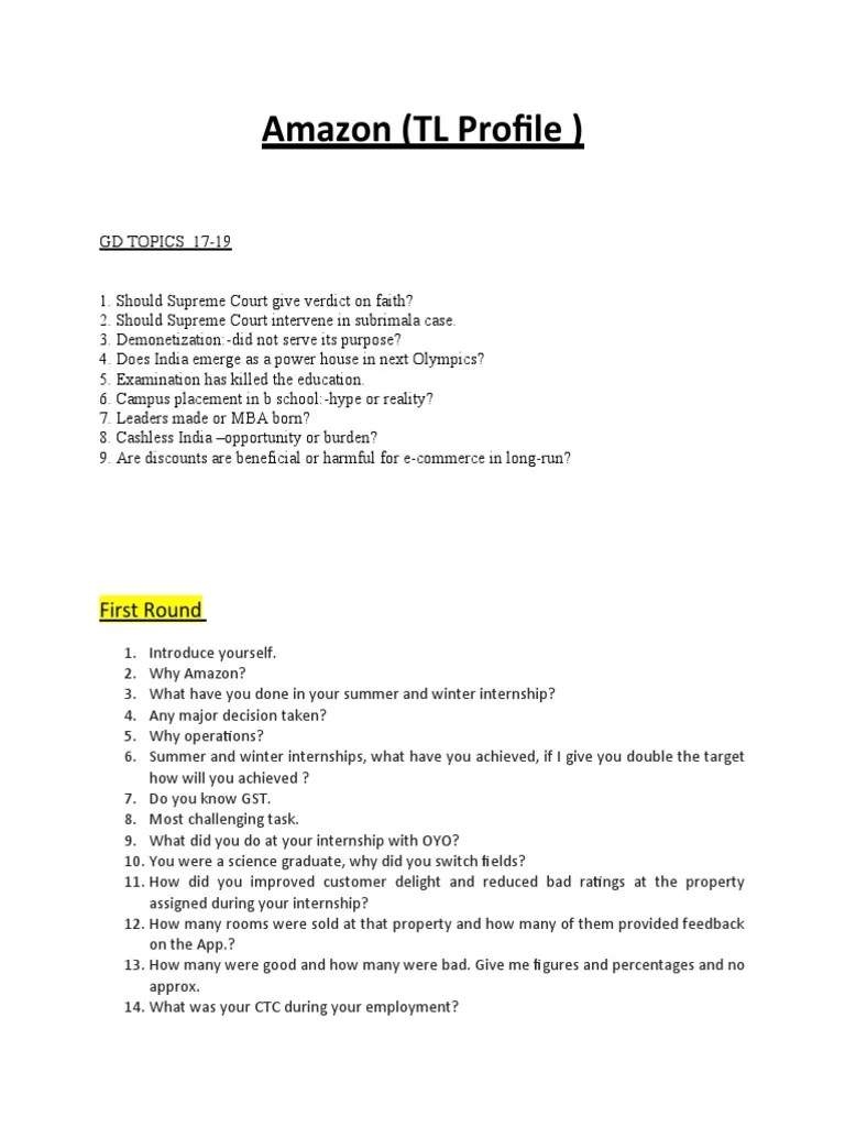 Amazon Interview Questions PDF Leadership Customer