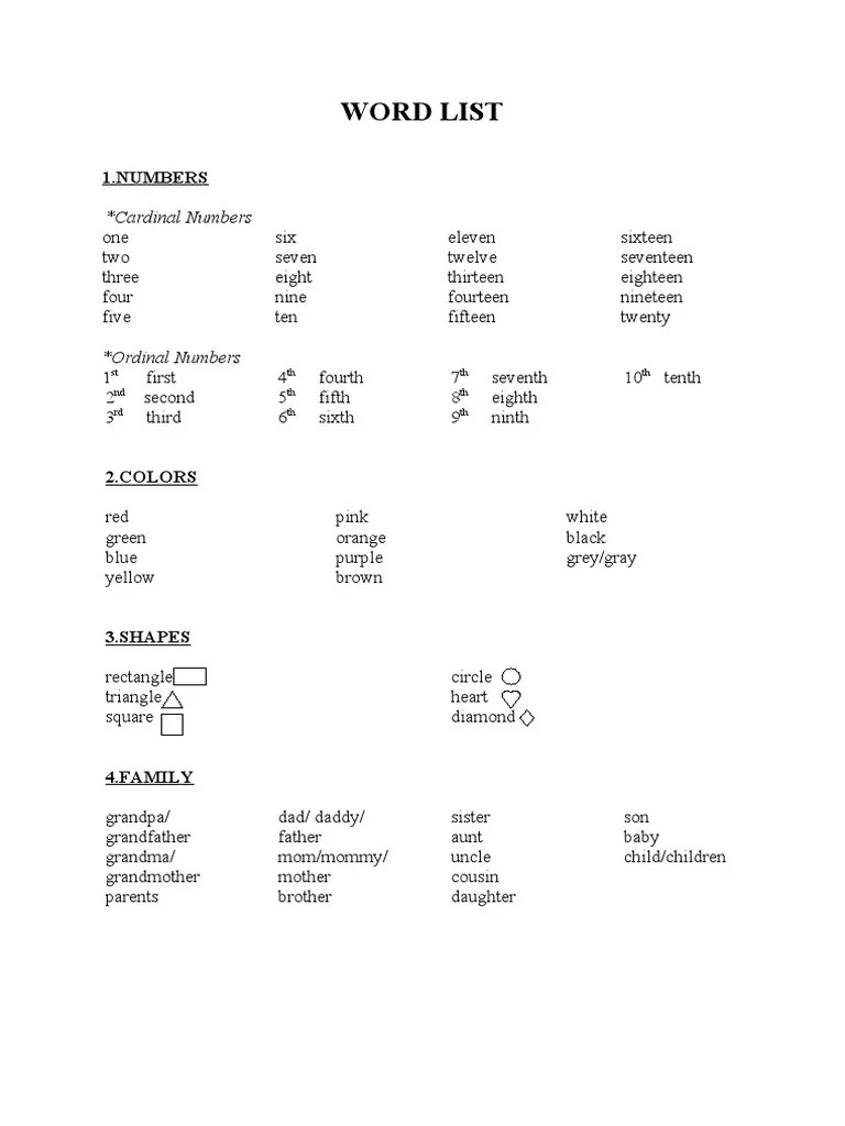Starters Word List PDF Lunch