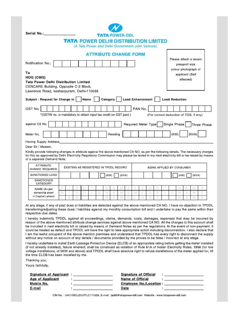 Tata PowerDDL Attribute Change Form 2021 PDF