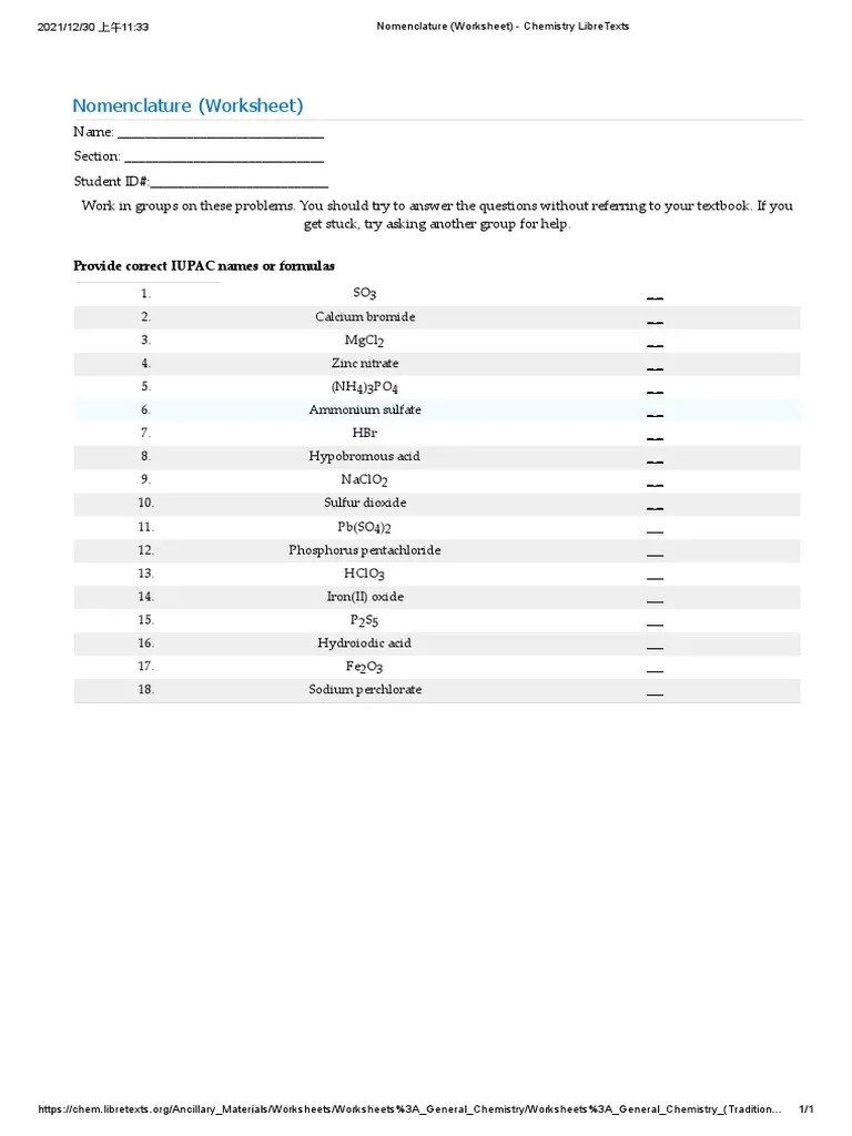 Nomenclature (Worksheet) Chemistry LibreTexts PDF