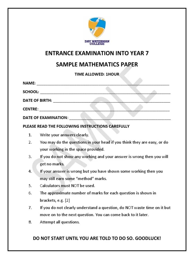 DWC Entrance Exams Sample Questions (Math) PDF