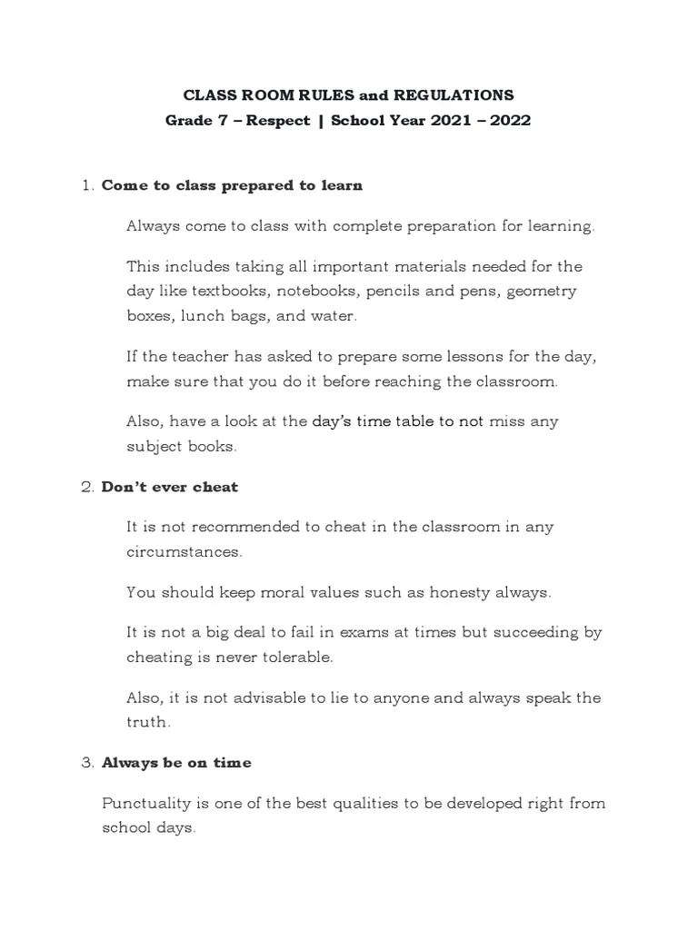 CLASS ROOM RULES and REGULATIONS 2022 PDF Classroom Teachers