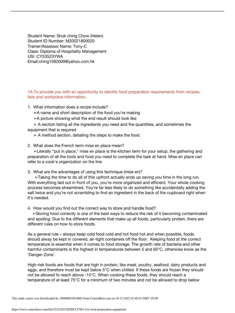 SITHCCC001 Use Food Preparation Equipment PDF PDF Foods Housekeeping