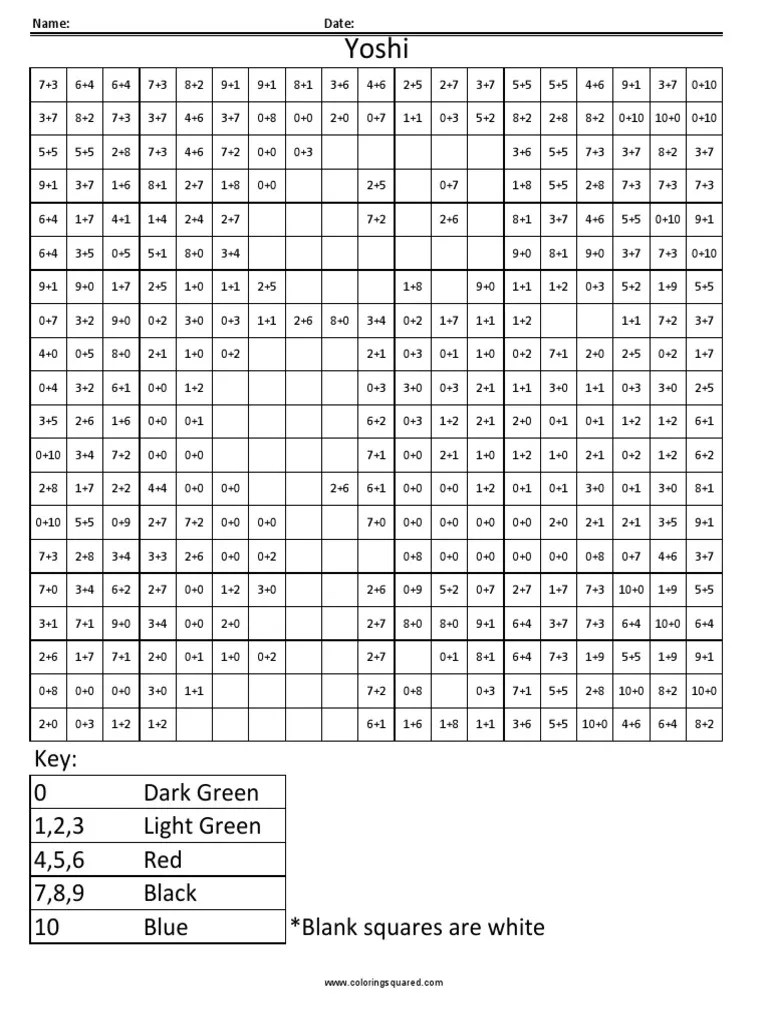 5AS Yoshi Nintendo Addition Coloring Worksheet PDF