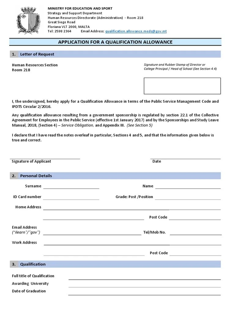 Application Form For Qualification Allowance PDF Government Justice