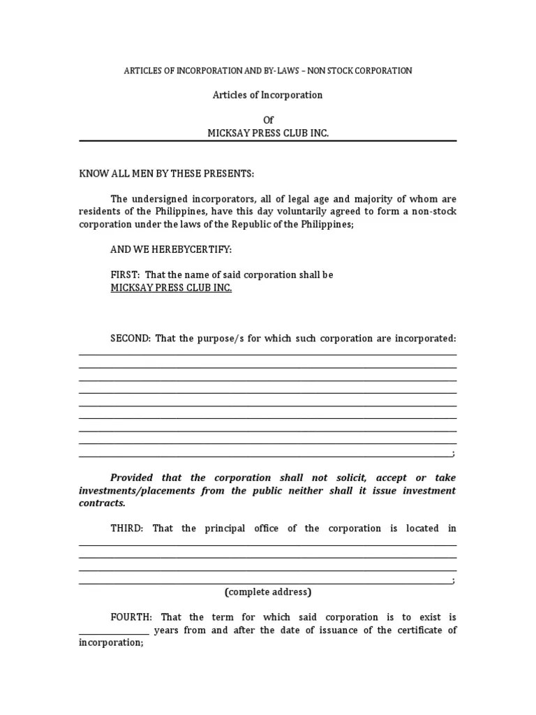 Articles of Incorporation and by Laws Non Stock Corporation PDF