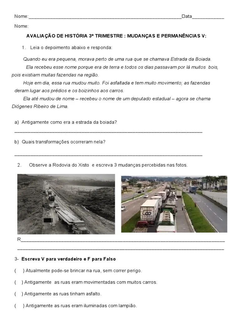 Avaliaçãodehistória Mudanças e permanências 3º ano PDF