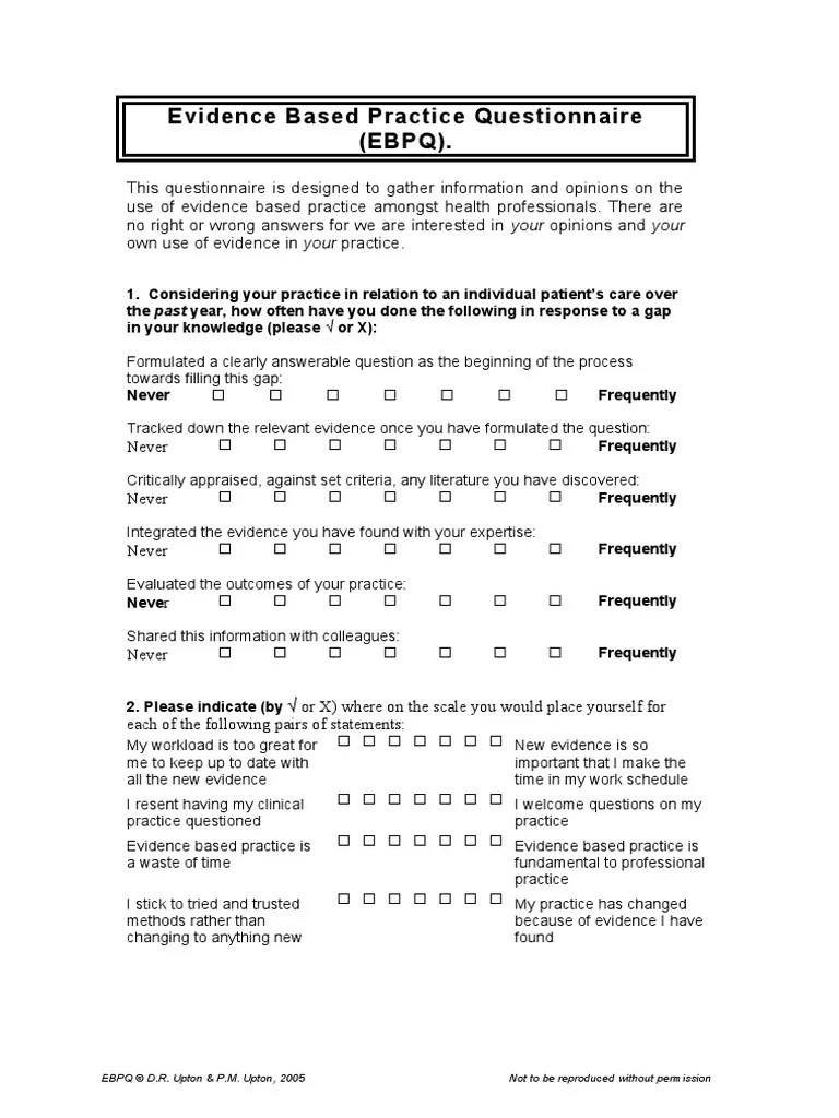 Evidence Based Practice QUESTIONNAIRE Upton Upton 2006 PDF Evidence