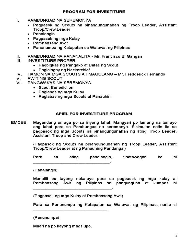 Iinvestiture Tagalog Version Script and Spiel PDF