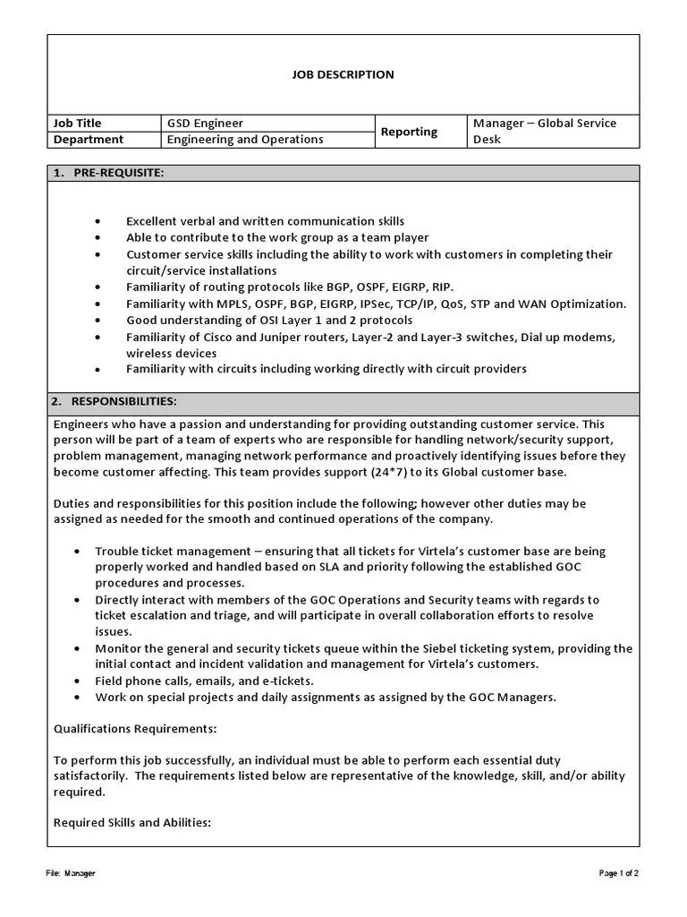 GSD Engineer Job Description PDF Computer Network Router