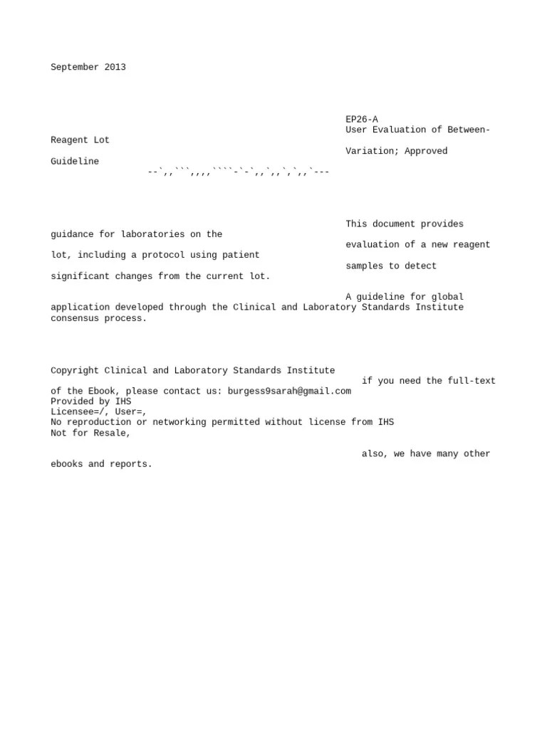 Free Download CLSI EP26 User Evaluation of Between Reagent Lot