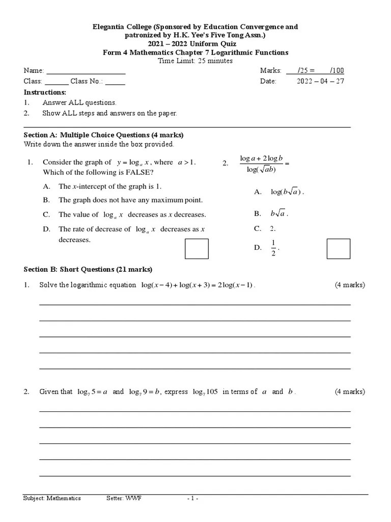 f4 Quiz ch7 (Logarithmic Function) 2022 Eng PDF Logarithm