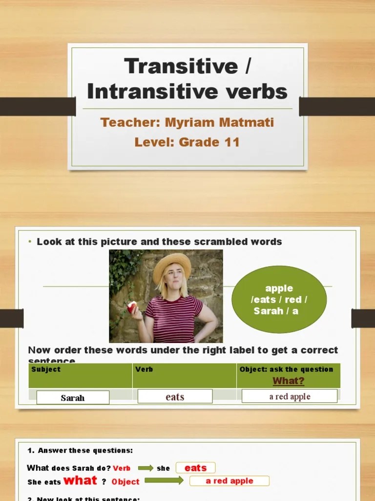 Transitive and Intransitive Verbs Direct Method Activities Grammar