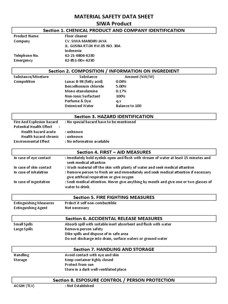 MATERIAL SAFETY DATA SHEET Floor Cleaner PDF Water Materials