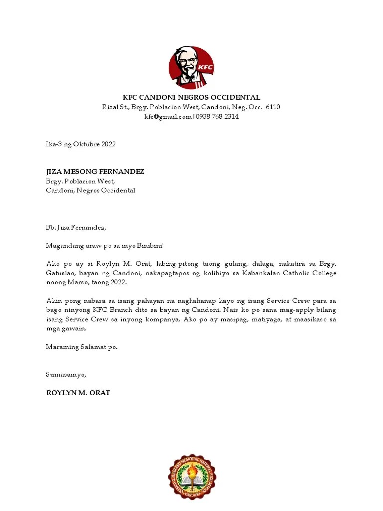 KFC Application Letter PDF