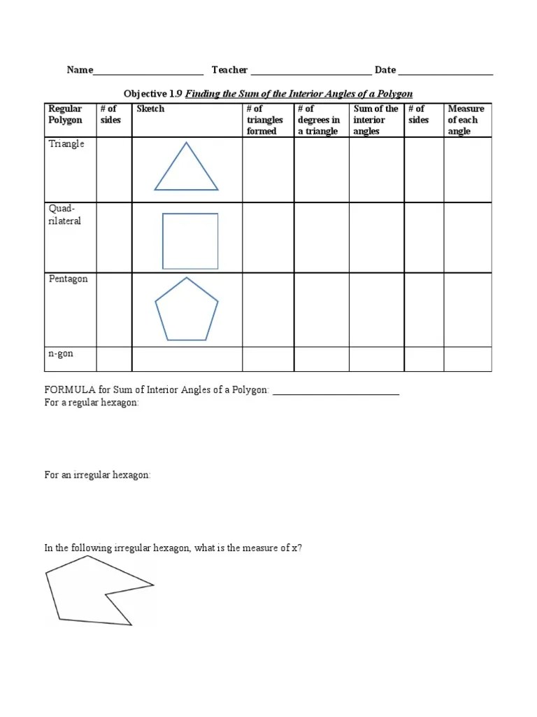 2.4 Finding the sum of interior angles of polygons (Worksheet