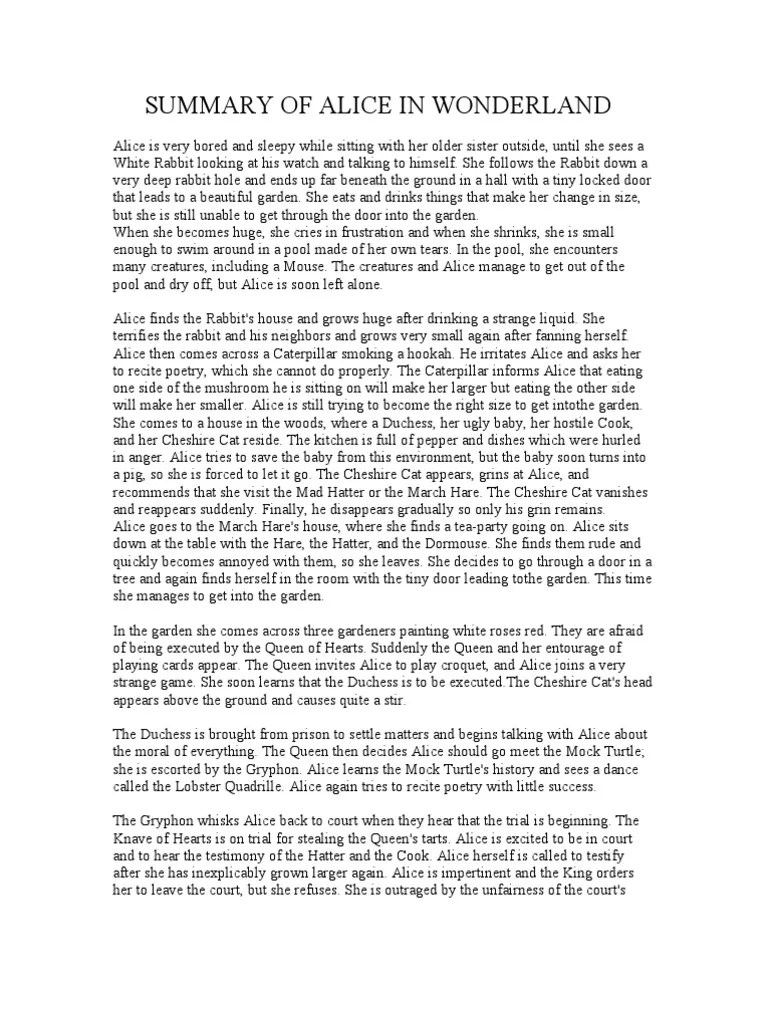 Summary of Alice in Wonderland Alice's Adventures In Wonderland