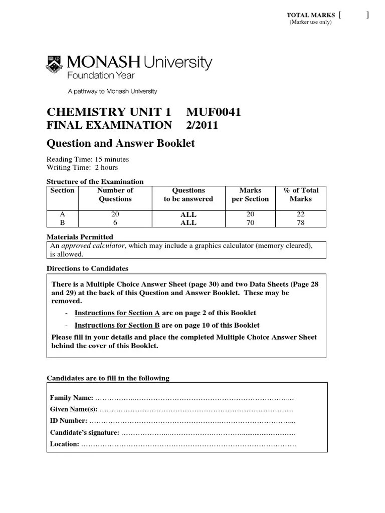 Chemistry Unit 1 Final Examination: Questions and Answers | PDF | Ph