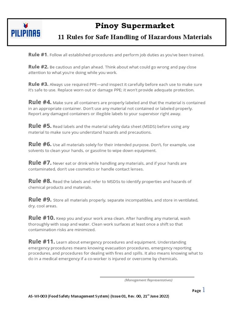 Work Instruction No. 3 11 Rules For Safe Handling of Hazardous