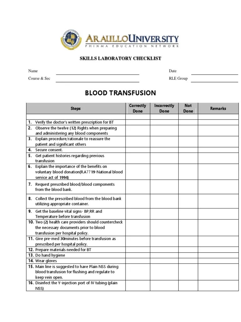 Blood Transfusion Skills Laboratory Checklist PDF Blood Transfusion