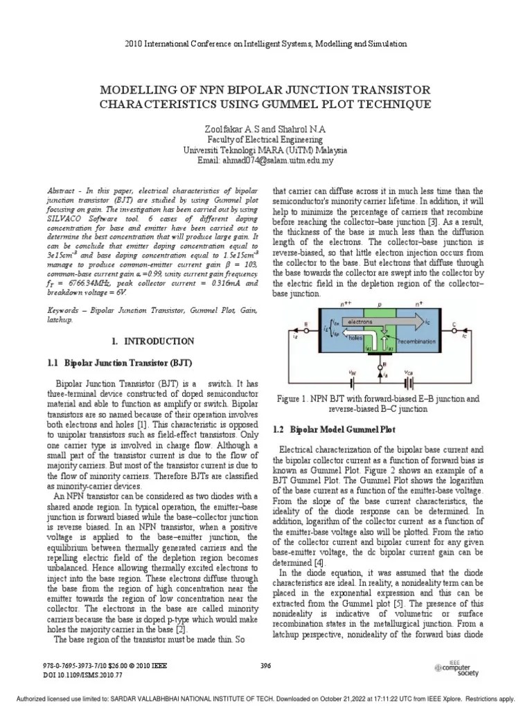 Modelling of NPN Bipolar Junction Transistor Characteristics Using Gummel Plot Technique PDF