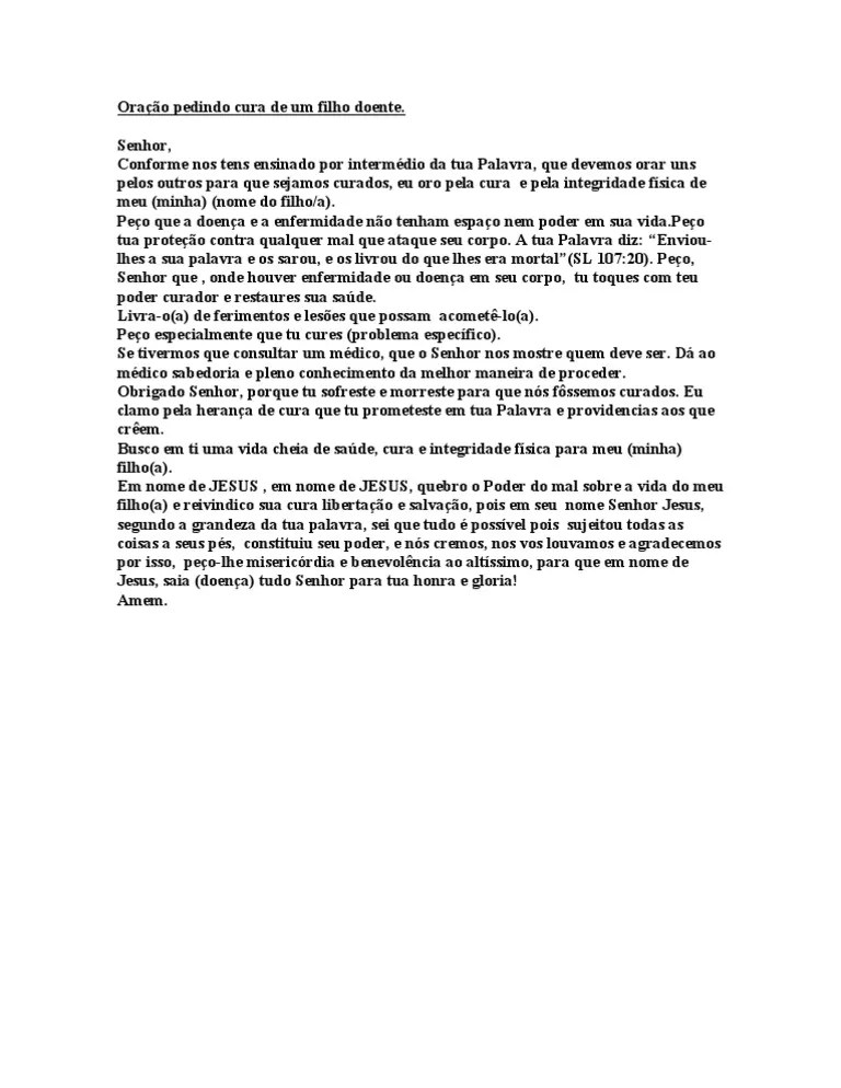 Oração pedindo cura de um filho doente