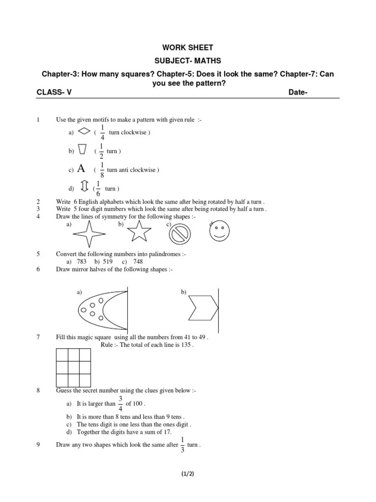 CBSE Class 5 Mathematics Worksheet Revision PDF Area Elementary Geometry