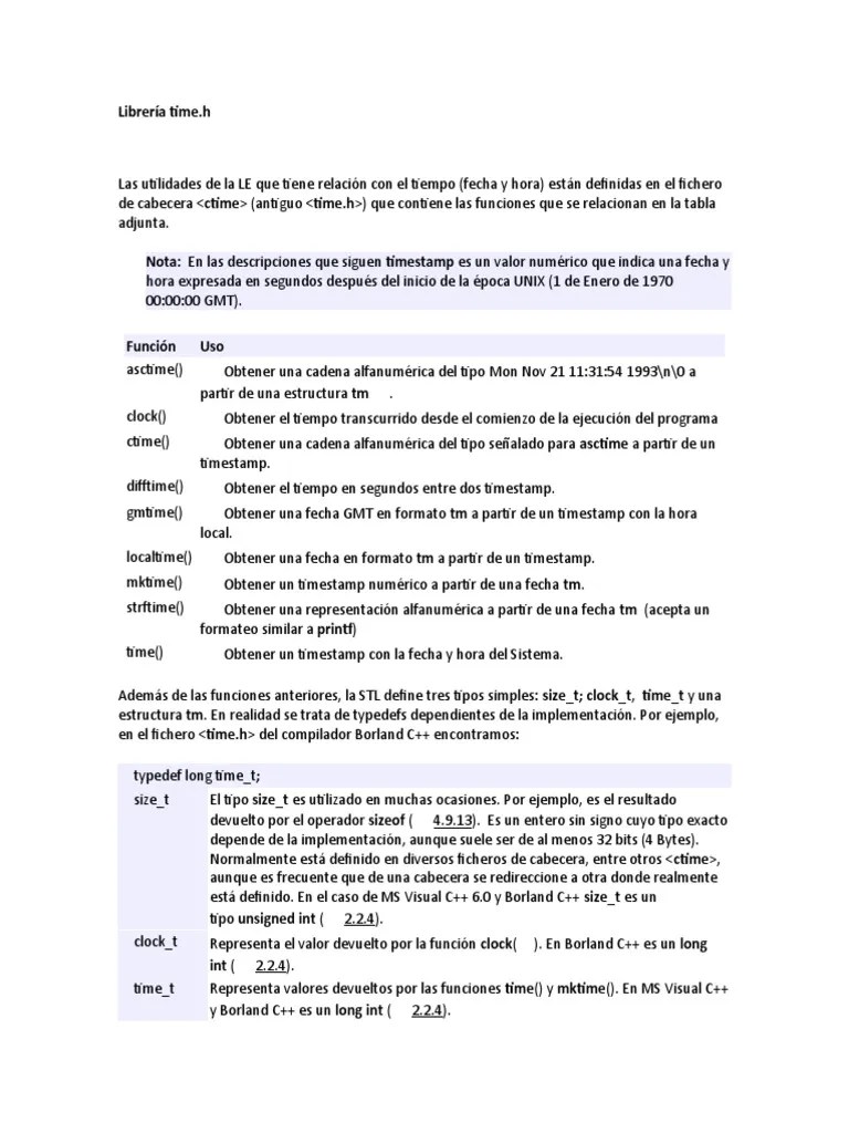 Librería time.h Funciones para el manejo de fecha y hora en C++ PDF