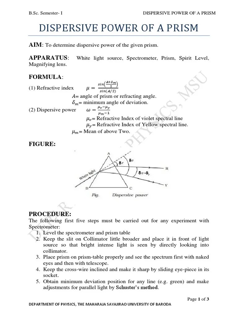 Dispersive Power of A Prism PDF Dispersion (Optics) Prism