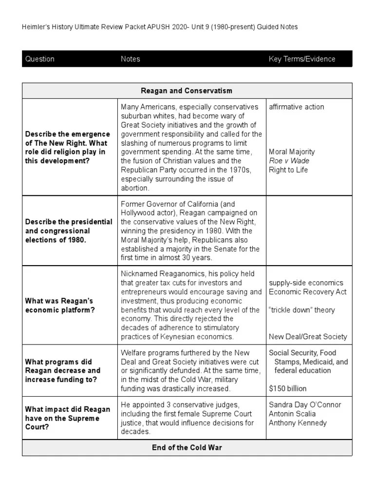 APUSH Unit 9 Guided Notes PDF Ronald Reagan
