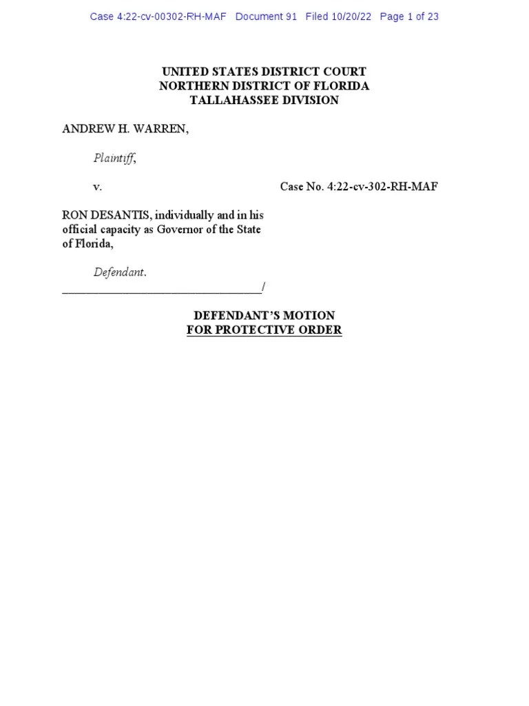 MOTION For Protective Order by RON DESANTIS PDF PDF Deposition (Law