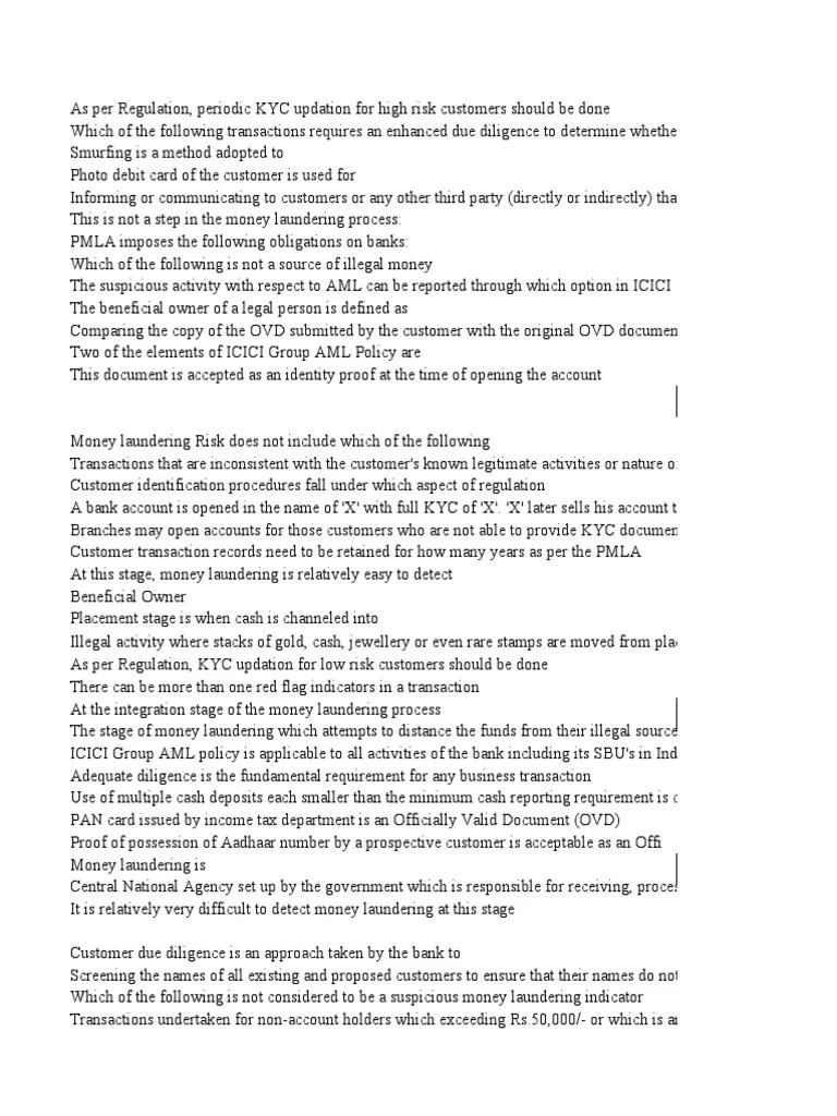 Aml Answer Sheet | PDF | Money Laundering | Banks