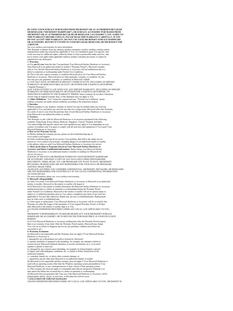 Microsoft Surface Hardware and Accessory Limited Warranty Terms and