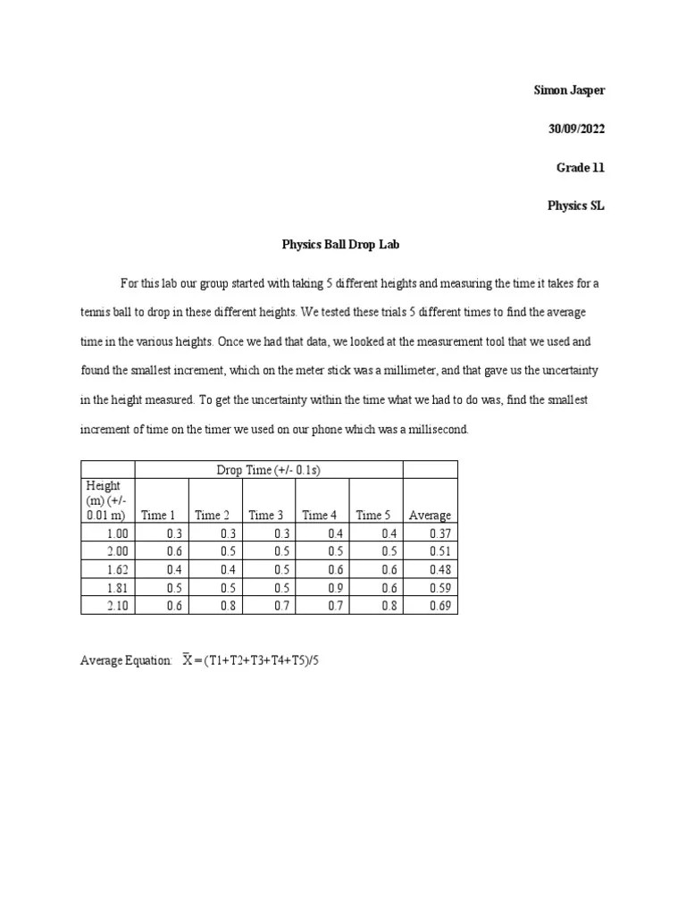 Physics Ball Drop Lab PDF Uncertainty Equations Of Motion