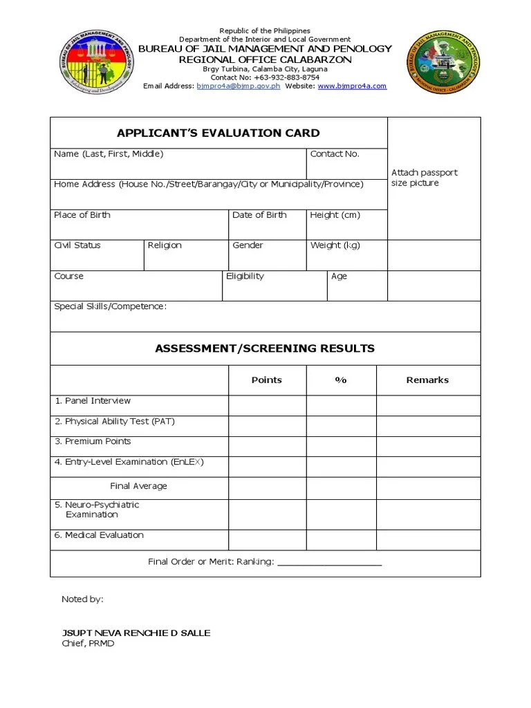 Applicant Evaluation Form New BJMP PDF