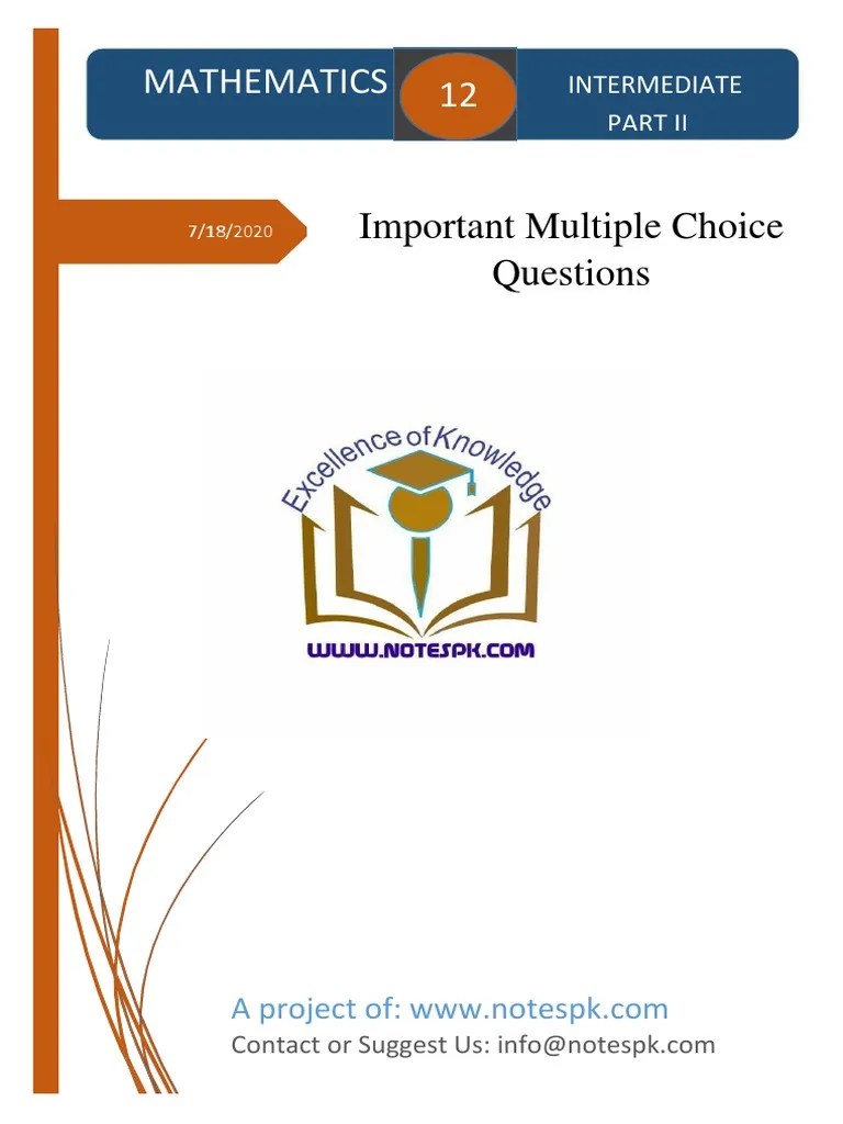 2nd Year Maths MCQs Fullbook NOTESPK PDF Function (Mathematics