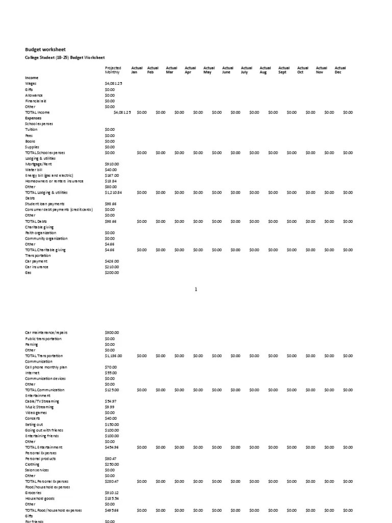 Budget Project Worksheet PDF Debt Credit