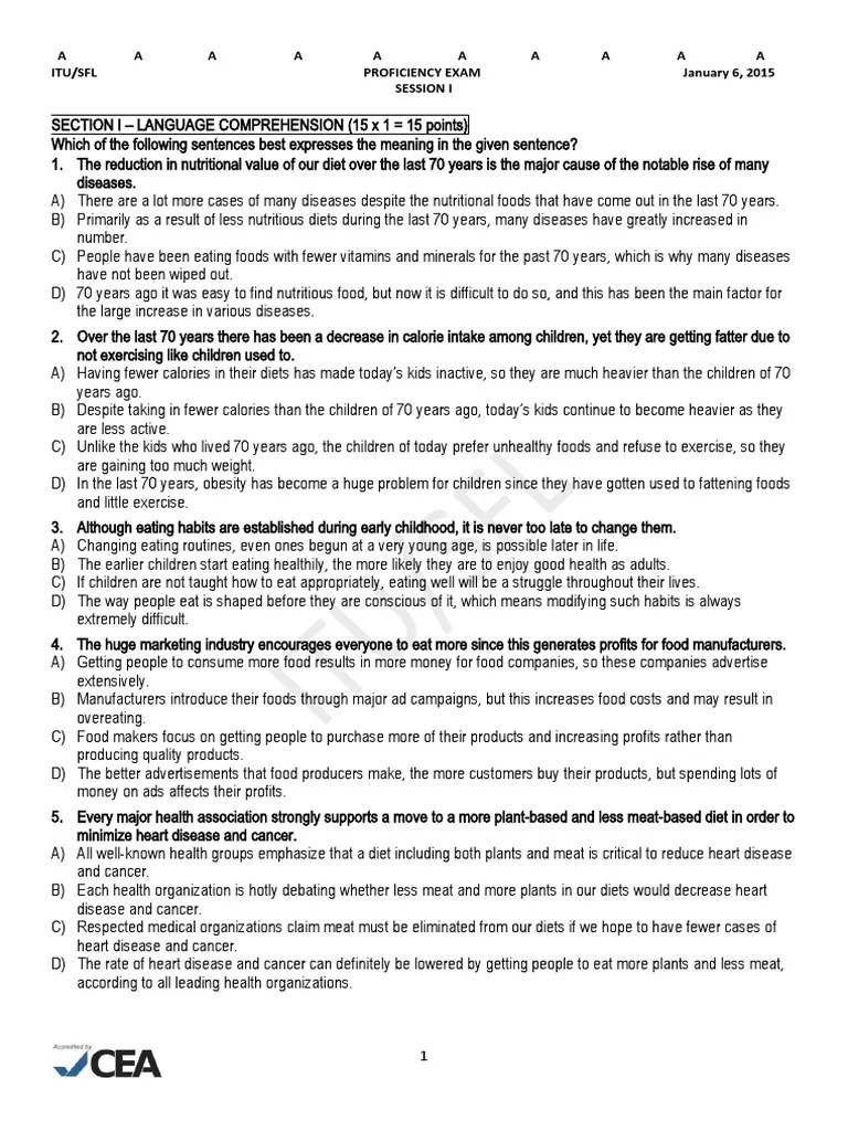 2015 January Proficiency Session I (A Version) PDF Water Rice