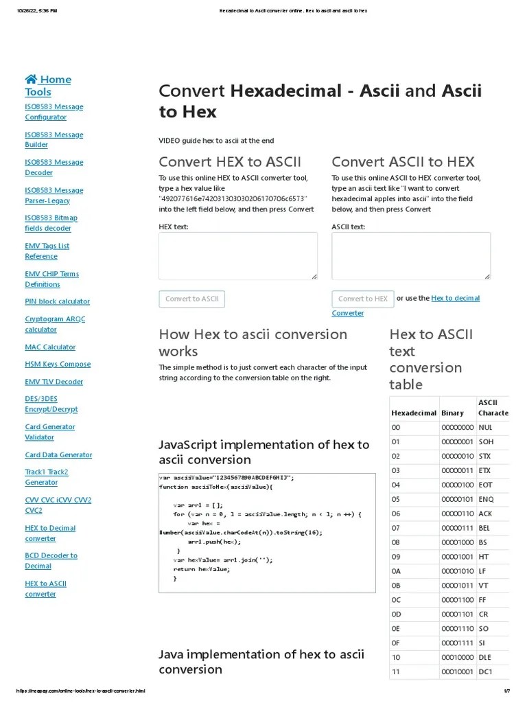 Hexadecimal To Ascii Converter Online. Hex To Ascii and Ascii To Hex PDF Emv Ascii