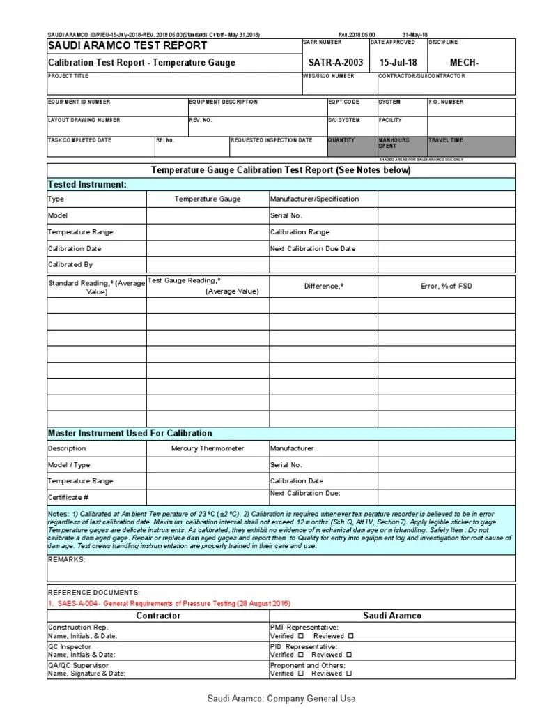 Temperature Gauge Calibration Report PDF Calibration Temperature