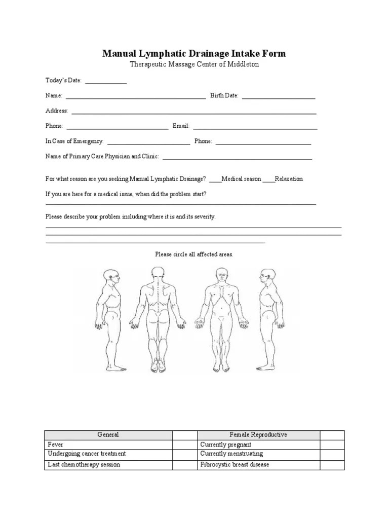 Manual Lymphatic Drainage Intake Form PDF Edema Massage