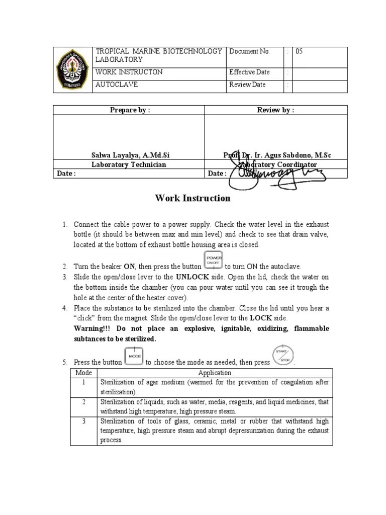 SOP Autoclave PDF Sterilization (Microbiology) Water