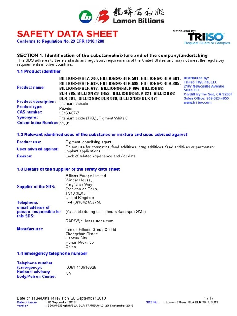 Billions BLR895 Titanium Dioxide SDS PDF