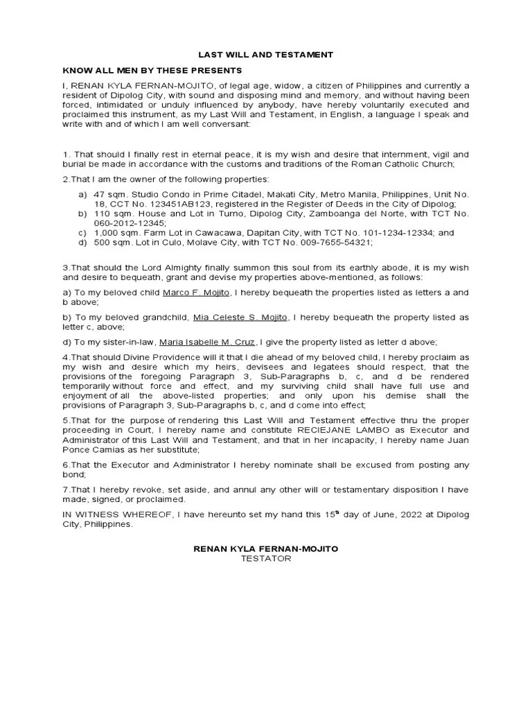 Last Will and Testament of Renan Mojito PDF Will And Testament