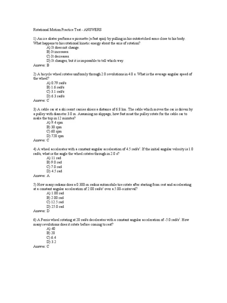 Rotational Motion Practice Test Answers PDF Acceleration Torque