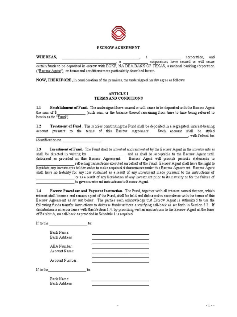 Standard Escrow Agreement TX PDF Indemnity Civil Law (Legal System)