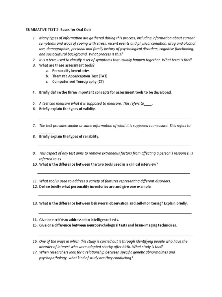 Topics 3 4 Questions For Oral Quiz PDF Mental Disorder Psychology