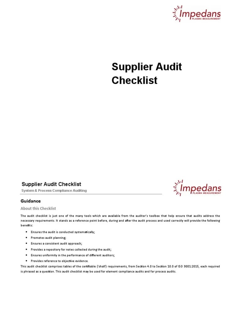 Supplier Audit Checklist PDF Audit Verification And Validation