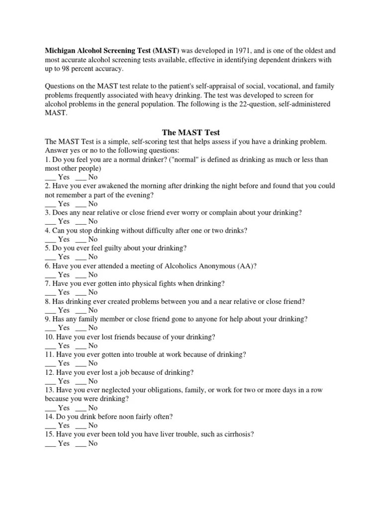 Michigan Alcohol Screening Test (MAST) PDF Alcoholism Alcoholics