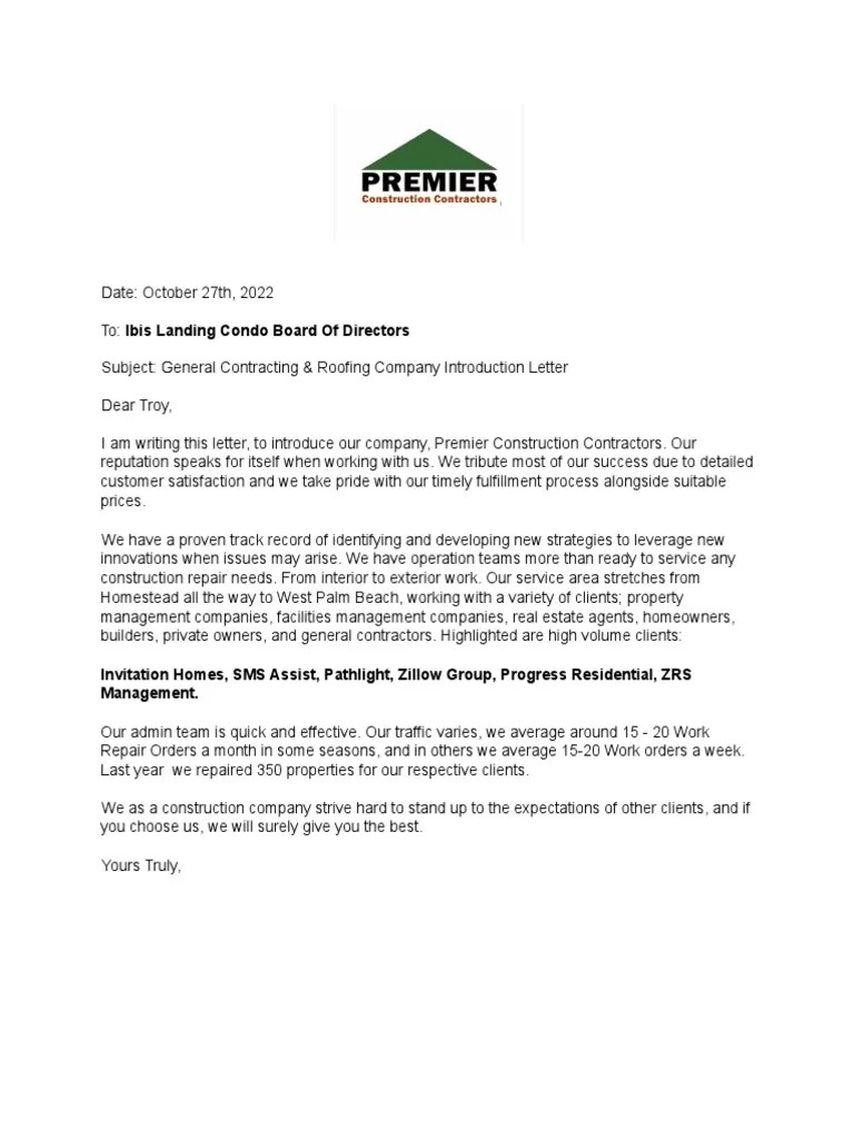 Presentation Letter Premier Construction Contractors PDF